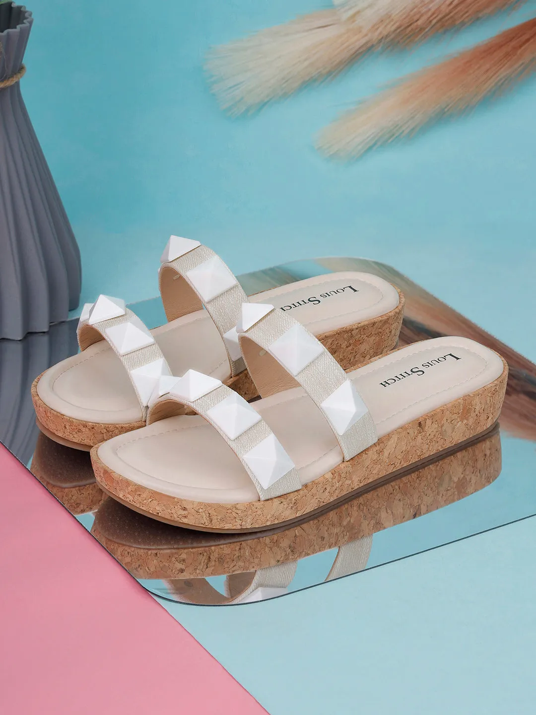 Women's Two Strap Diamond Stone White Lightweight Sandals