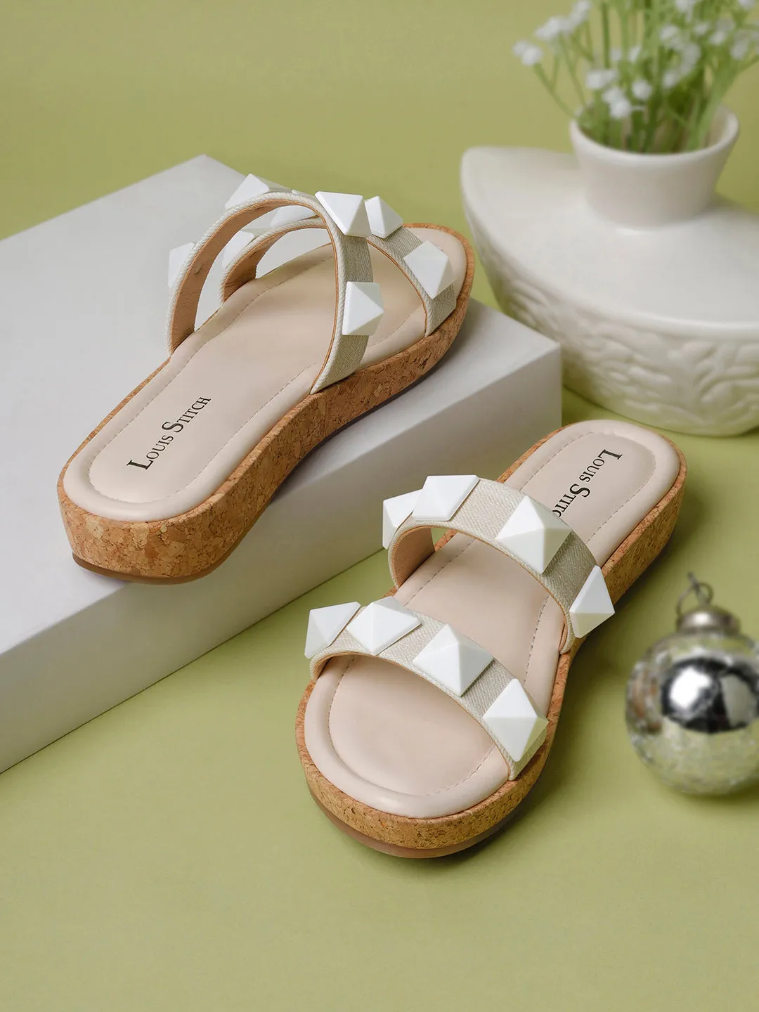 Women's Two Strap Diamond Stone White Lightweight Sandals