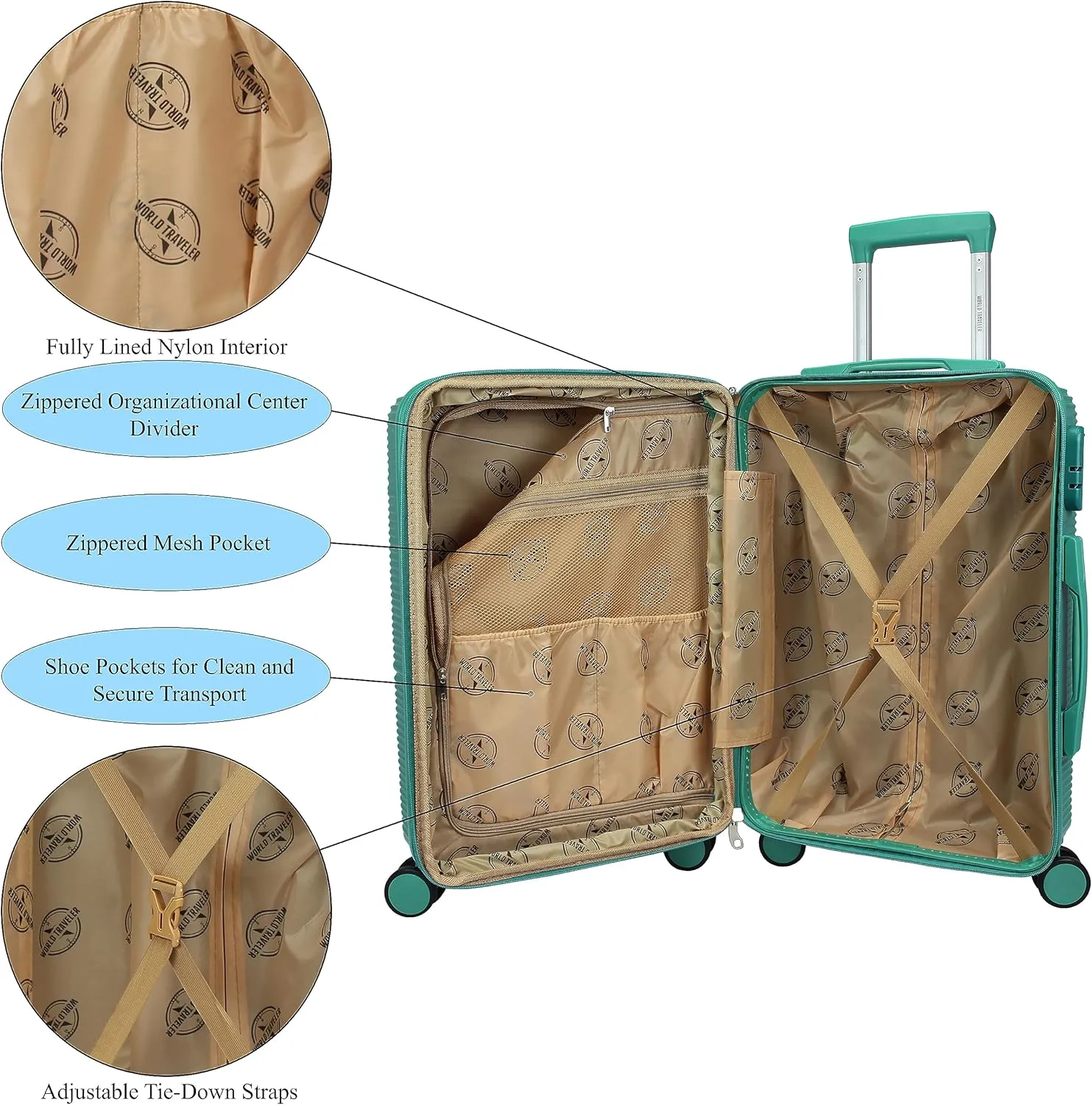 World Traveler Highways 2-Piece Hardside Carry-On Spinner Luggage Set, Green, One_Size