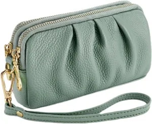 Yizelli Women's Pleated Leather Wristlet Clutch Bag Double Layer Zipper Purse Cell Phone Wallet