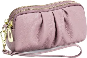 Yizelli Women's Pleated Leather Wristlet Clutch Bag Double Layer Zipper Purse Cell Phone Wallet