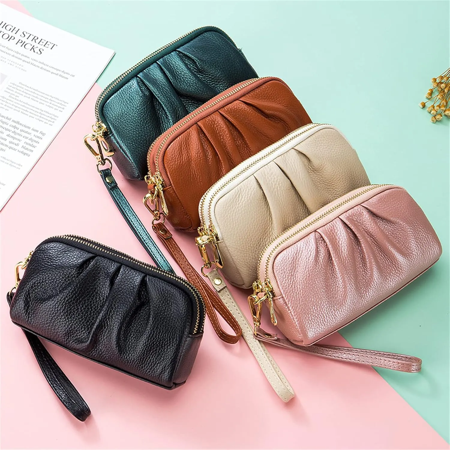 Yizelli Women's Pleated Leather Wristlet Clutch Bag Double Layer Zipper Purse Cell Phone Wallet