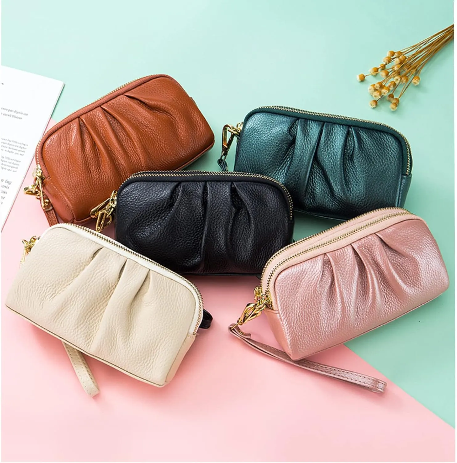 Yizelli Women's Pleated Leather Wristlet Clutch Bag Double Layer Zipper Purse Cell Phone Wallet