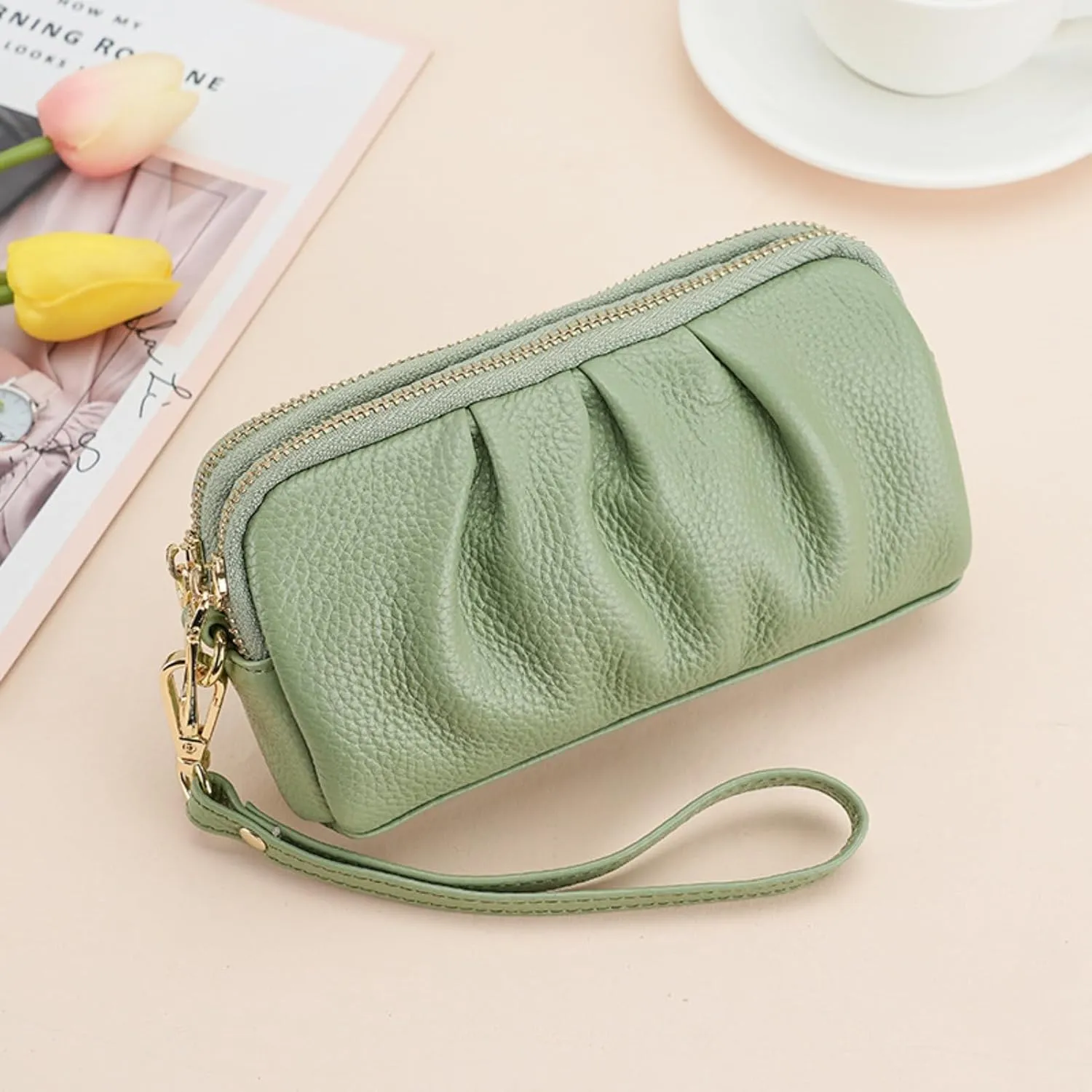 Yizelli Women's Pleated Leather Wristlet Clutch Bag Double Layer Zipper Purse Cell Phone Wallet