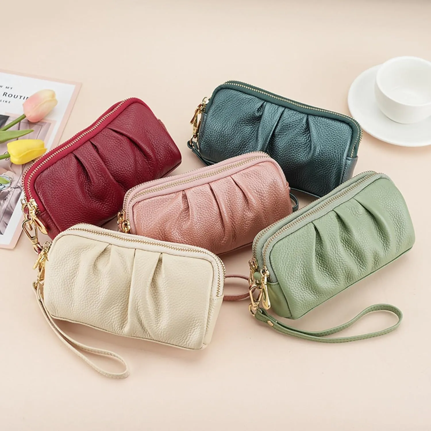 Yizelli Women's Pleated Leather Wristlet Clutch Bag Double Layer Zipper Purse Cell Phone Wallet