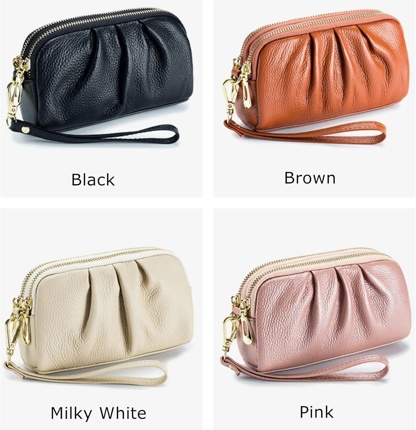 Yizelli Women's Pleated Leather Wristlet Clutch Bag Double Layer Zipper Purse Cell Phone Wallet
