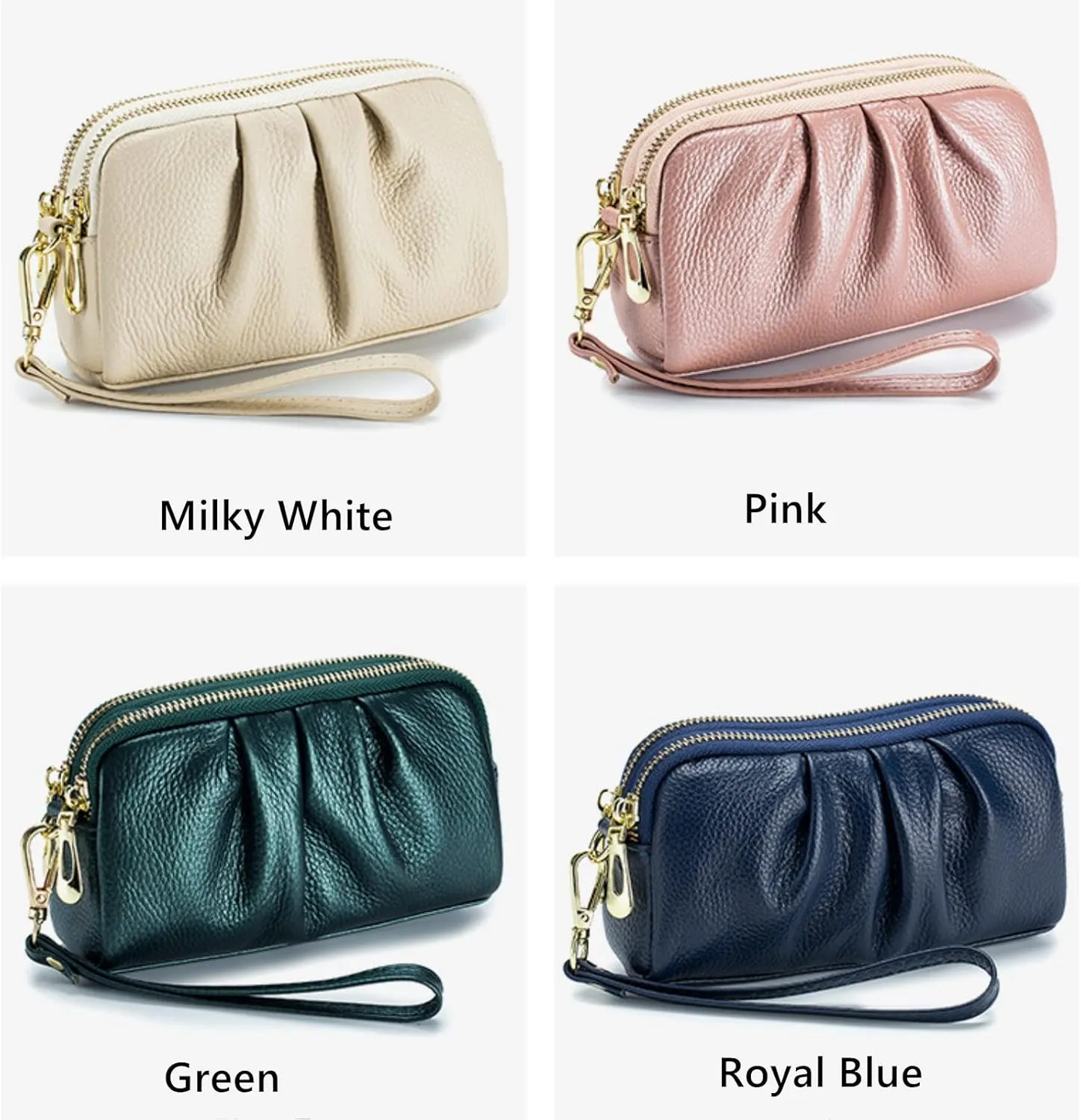 Yizelli Women's Pleated Leather Wristlet Clutch Bag Double Layer Zipper Purse Cell Phone Wallet