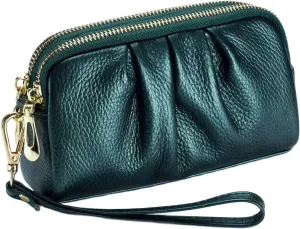 Yizelli Women's Pleated Leather Wristlet Clutch Bag Double Layer Zipper Purse Cell Phone Wallet