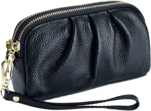 Yizelli Women's Pleated Leather Wristlet Clutch Bag Double Layer Zipper Purse Cell Phone Wallet