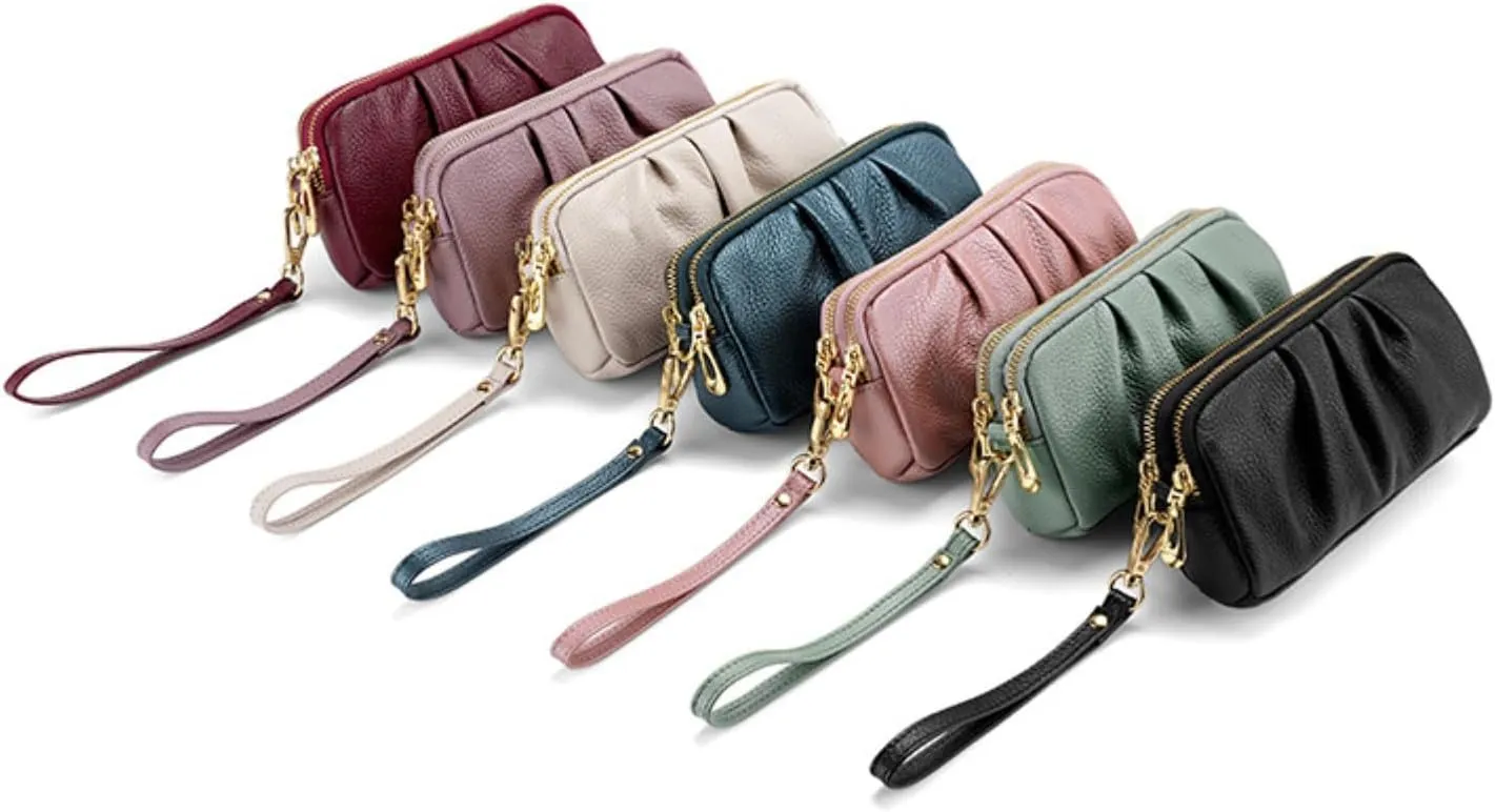 Yizelli Women's Pleated Leather Wristlet Clutch Bag Double Layer Zipper Purse Cell Phone Wallet