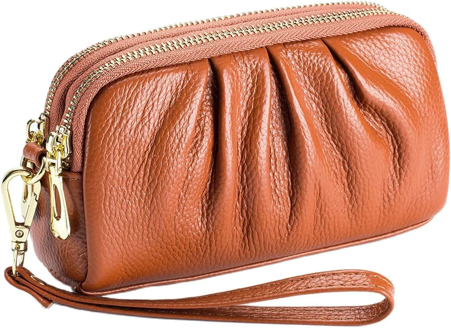 Yizelli Women's Pleated Leather Wristlet Clutch Bag Double Layer Zipper Purse Cell Phone Wallet