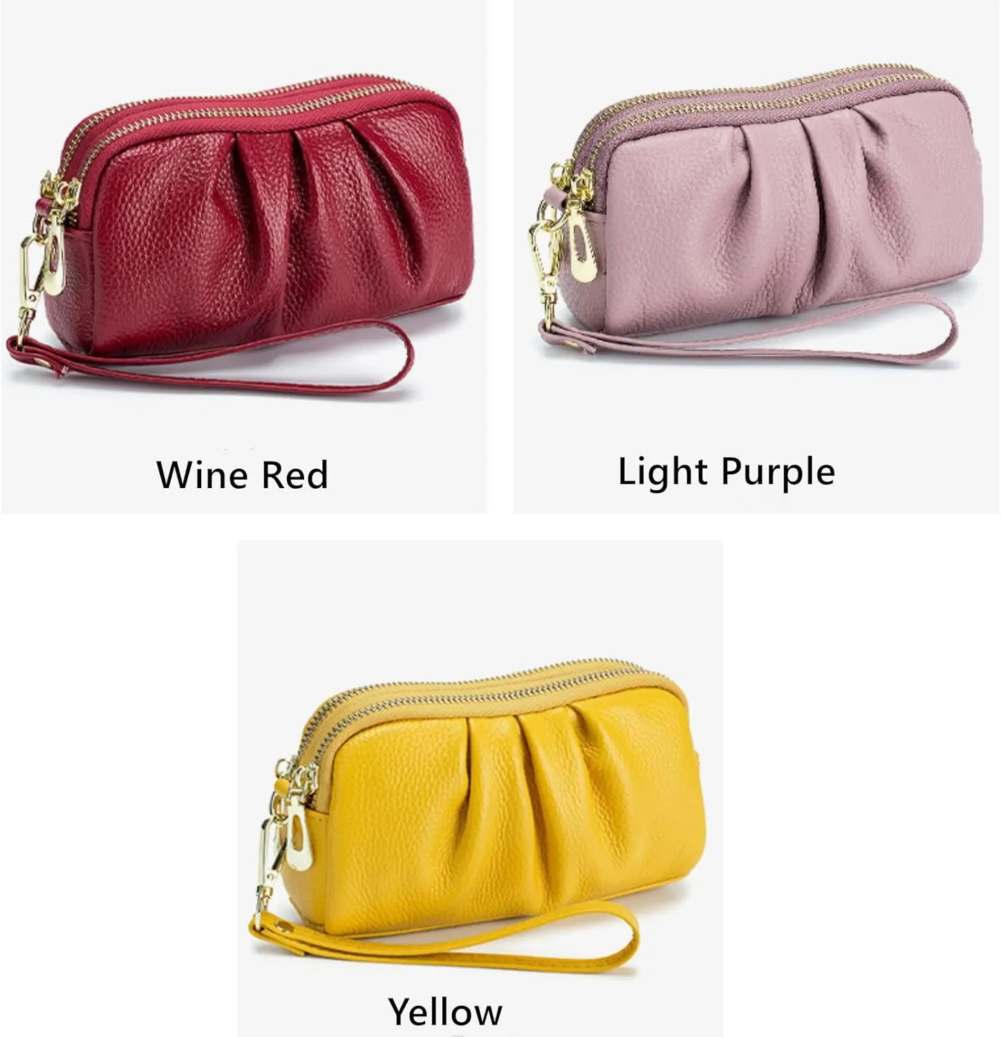 Yizelli Women's Pleated Leather Wristlet Clutch Bag Double Layer Zipper Purse Cell Phone Wallet
