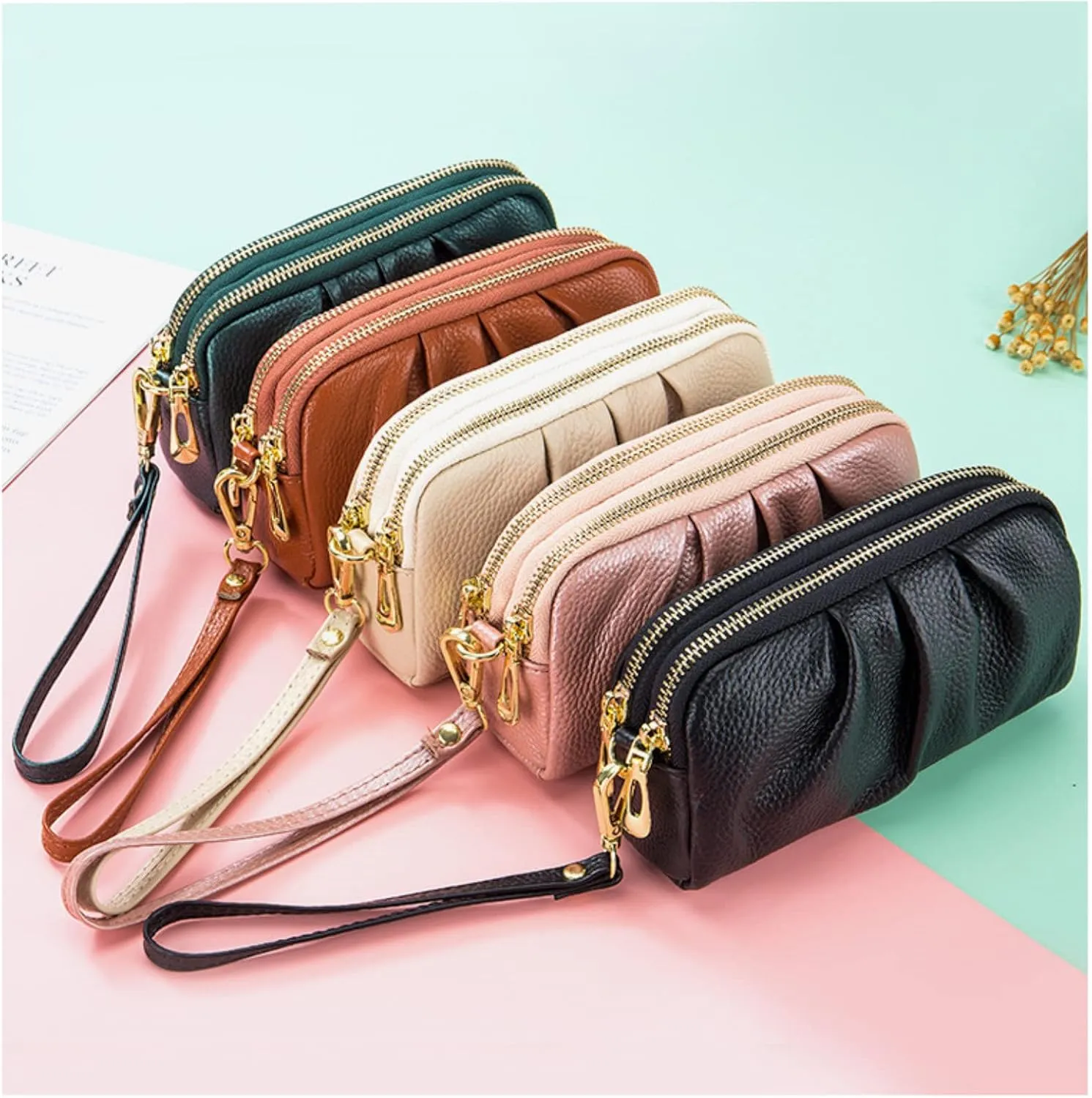 Yizelli Women's Pleated Leather Wristlet Clutch Bag Double Layer Zipper Purse Cell Phone Wallet
