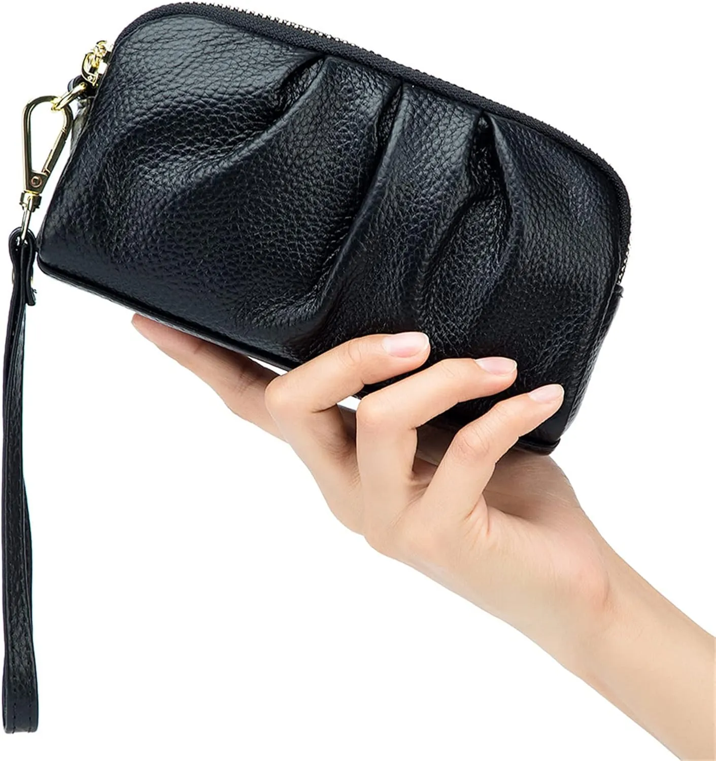 Yizelli Women's Pleated Leather Wristlet Clutch Bag Double Layer Zipper Purse Cell Phone Wallet